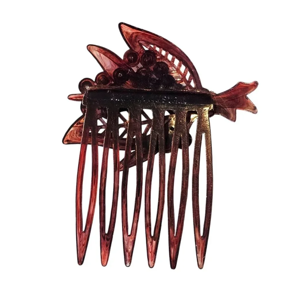 Vintage Tortoiseshell Hair Comb Brooch Jewels Rhinestones Austria Bouquet Leaves